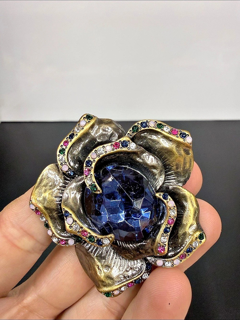 Large Statement Flower Brooch Blue Crystal Multicolor Rhinestone Antiqued Metal